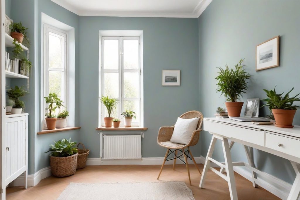 Arbeitszimmer mit Wänden in vergrautem Petrol, Farbton Artifact