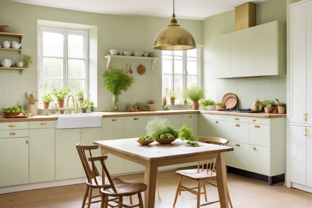 Küche mit Essplatz, Wände in hellem Kräutergrün Celery