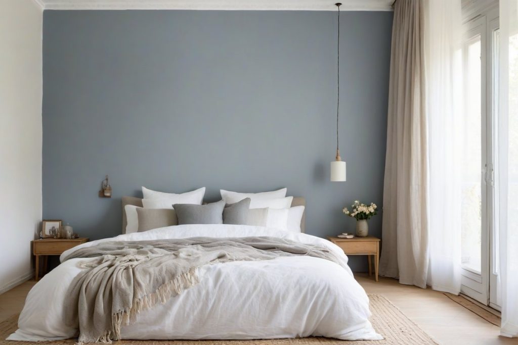 Schlafzimmer mit Wand in vergrautem Blau Cottage Door