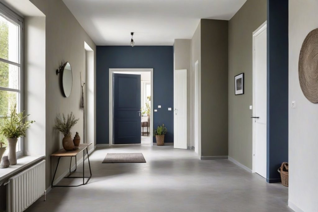 Flur in Olivgrau mit dunkelblauer Akzentwand aus der RAL-Trendpalette