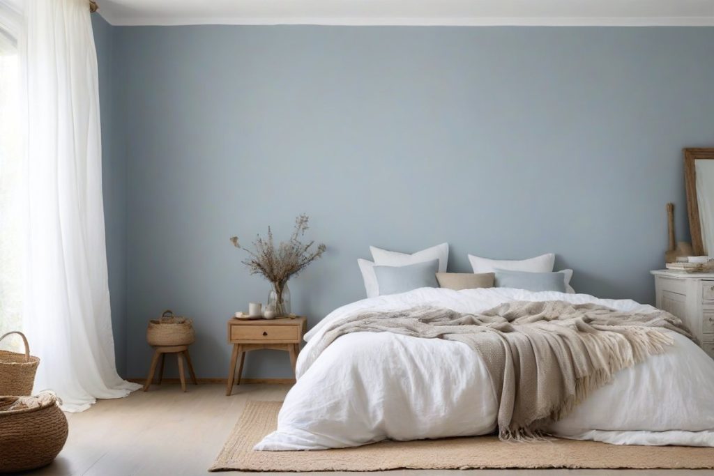 Schlafzimmer mit Wänden in staubigem Graublau