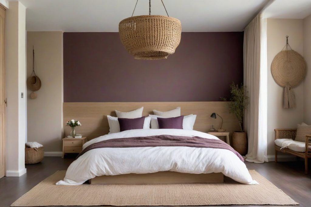 Schlafzimmer mit dunkler Wand in Rosigbraun hinter dem Bett