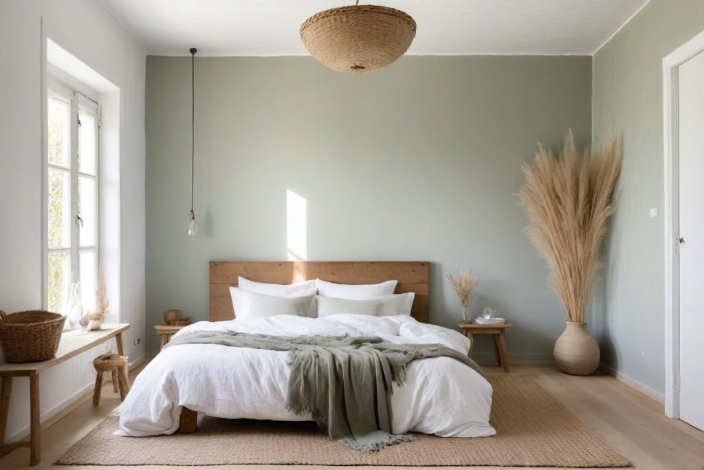 Kleines Schlafzimmer mit Wänden in Salbeigrün
