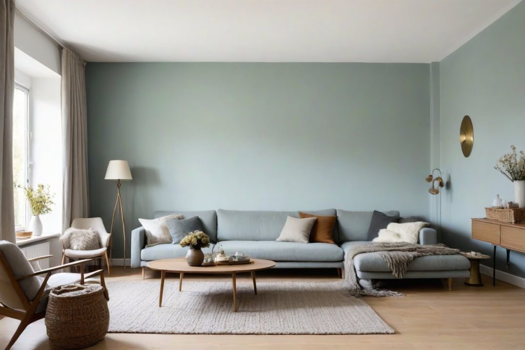 Wohnzimmer mit Akzentwand in hellem Petrol hinter dem Sofa
